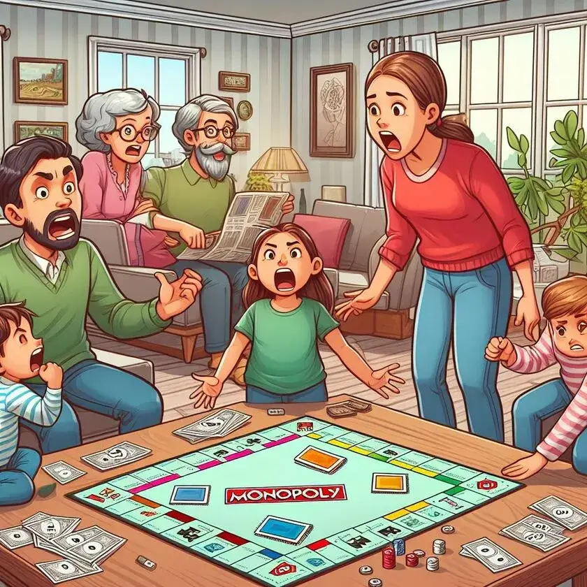 Illustration of a family arguing over a  game of Monopoly